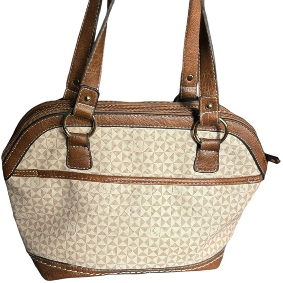 b.o.c. Tan & Brown Coated Canvas Shoulder Bag Medium Size 3 Section Handbag - Picture 2 of 16